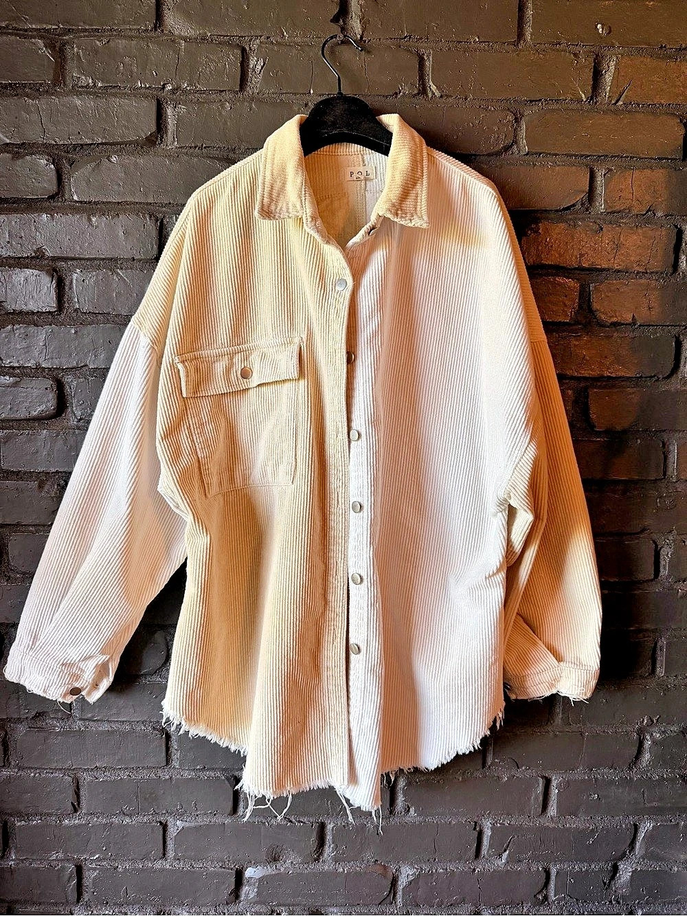 POL Corduroy Color Block Shacket Corduroy Utility Jacket in Cream Size Small